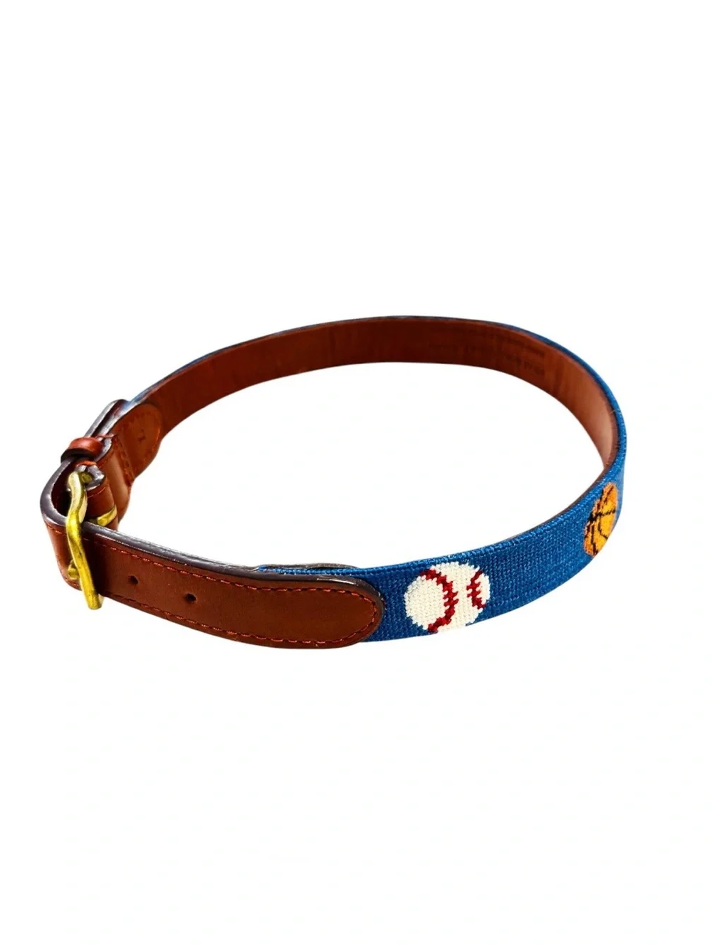 Smathers and Branson  Sports Needlepoint Kids Belt with Brown Leather Trim Large
